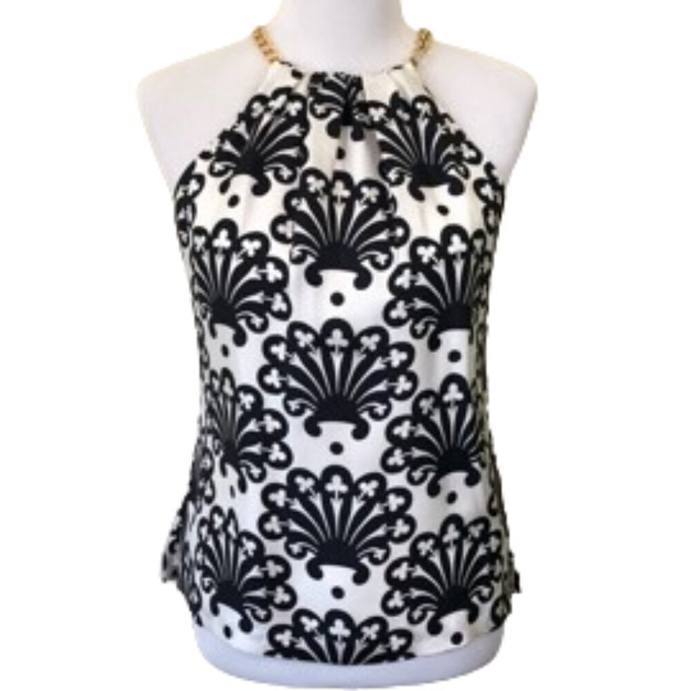 Milly 100% Silk Black White Medallion Scarf Print Halter Top Gold Chain Accent 2